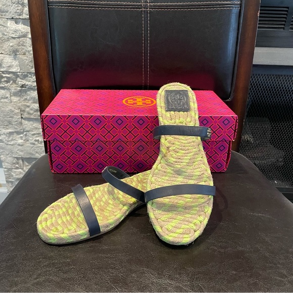 Tory Burch Green Striped Espadrille Sandals - Picture 1 of 7